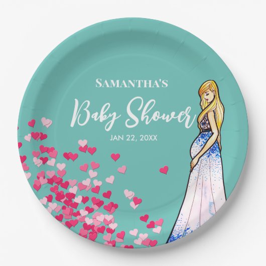 ベビーシャワー妊娠中の女性ロングドレスハート ペーパープレート (正面)
