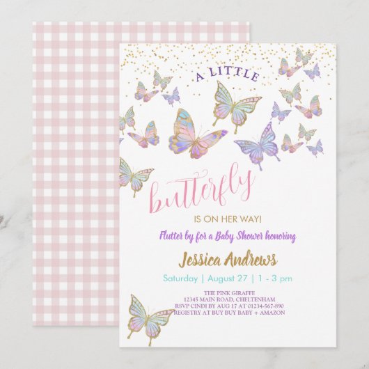 ベビーシャワー小さな蝶のパーティー招待状 招待状 (正面/裏面)