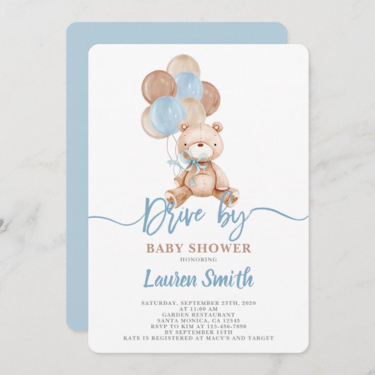 ベビーシャワー少年によるテディベアのドライブ 招待状 (正面/裏面)