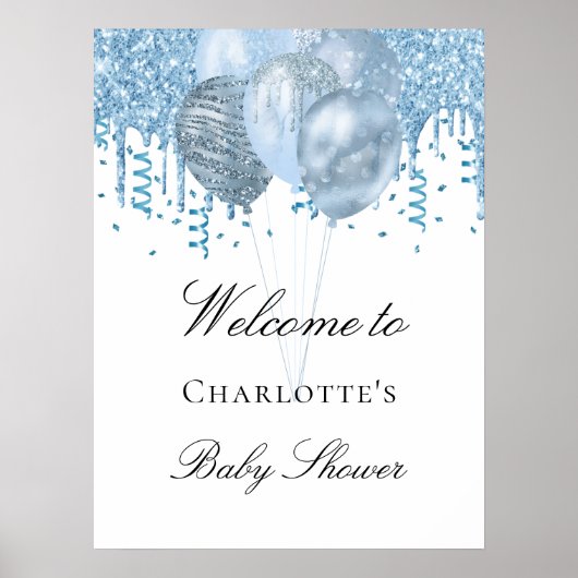 ベビーシャワー少年ライトブルー白グリッターバルーン ポスター (正面)