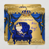 ベビーシャワー少年リトルプリンスブルー王室のゴールデン3 招待状 (正面/裏面)