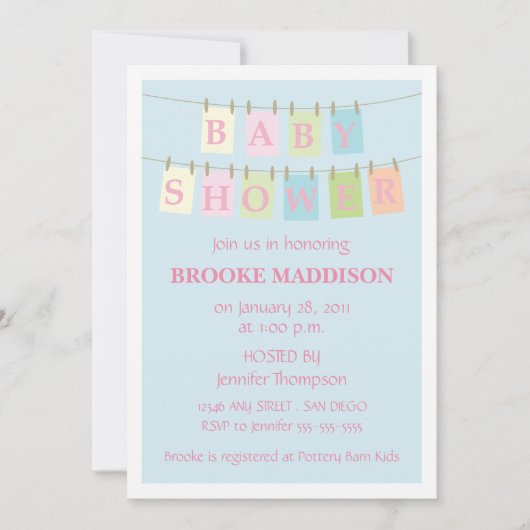 ベビーシャワー布のピンク 招待状 (正面)