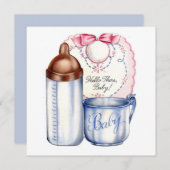 ベビーシャワー広場の招待よだれかけ、ボトル、カップ 招待状 (正面/裏面)