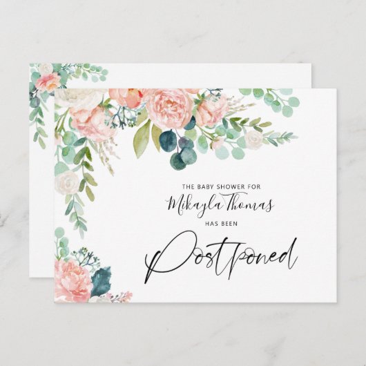 ベビーシャワー延期された日付赤面ピンクフローラ 案内ポストカード (正面/裏面)