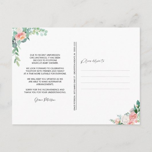 ベビーシャワー延期された日付赤面ピンクフローラ 案内ポストカード (裏面)