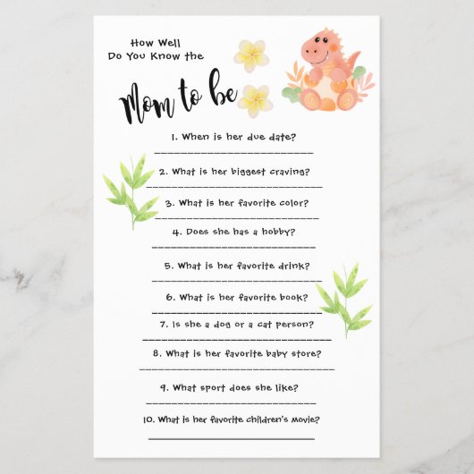 ベビーシャワー恐竜 ママのことをどれだけ知っている? カード (正面)