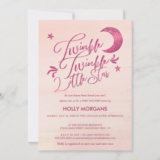 ベビーシャワー招待状のきらめき少し星のピンク 招待状 (正面)