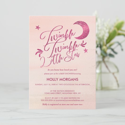 ベビーシャワー招待状のきらめき少し星のピンク 招待状 (スタンド正面)