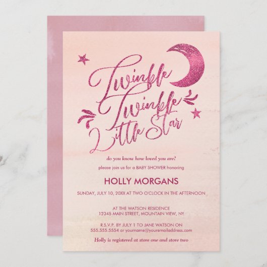 ベビーシャワー招待状のきらめき少し星のピンク 招待状 (正面/裏面)