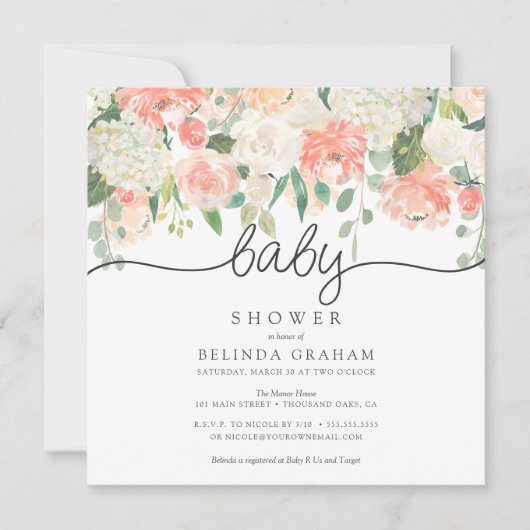 ベビーシャワー招待状のスクエア甘い水彩画の花柄 招待状 (正面)