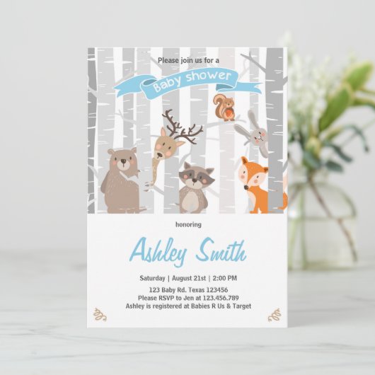 ベビーシャワー招待状ウッドランド動物森の少年 招待状 (スタンド正面)