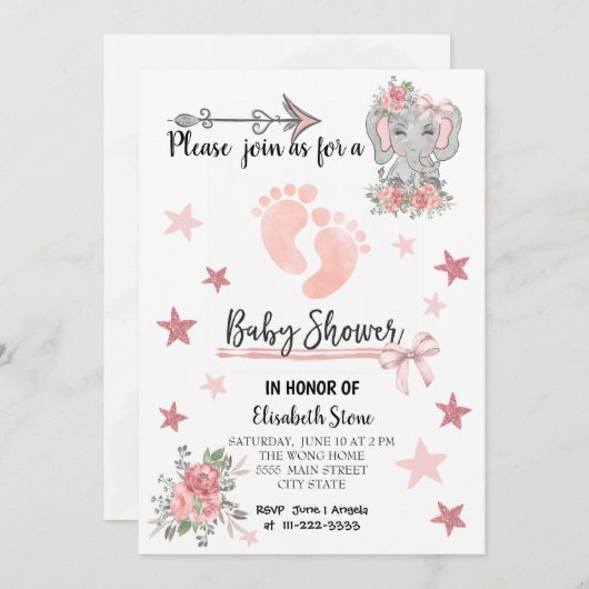 ベビーシャワー招待状カード5X7インチガール 招待状 (正面/裏面)