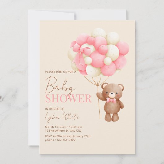 ベビーシャワー招待状ガールピンクベビーテディベア 招待状 (正面)
