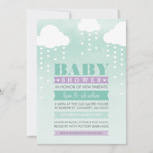 ベビーシャワー招待状グラデーションウオーターカラーミントパープル 招待状 (正面)