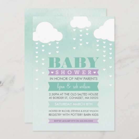 ベビーシャワー招待状グラデーションウオーターカラーミントパープル 招待状 (正面/裏面)