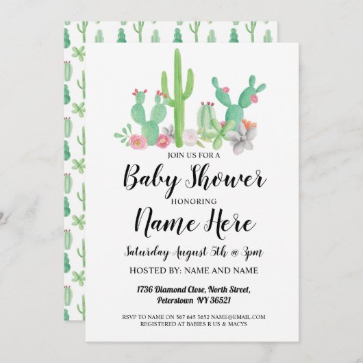 ベビーシャワー招待状サボテンプリント水彩 招待状 (正面/裏面)