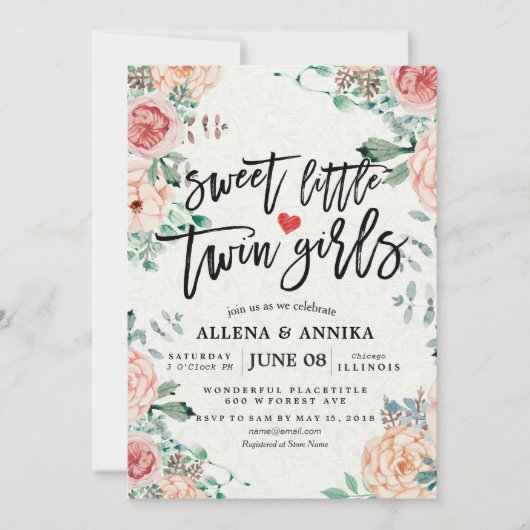 ベビーシャワー招待状ズスイートリトルツインガールズ サンキューカード (正面)