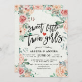 ベビーシャワー招待状ズスイートリトルツインガールズ サンキューカード (正面/裏面)