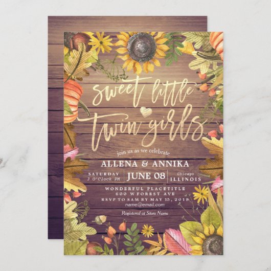 ベビーシャワー招待状ズスイートリトルツインガールズ 招待状 (正面/裏面)