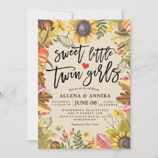 ベビーシャワー招待状ズスイートリトルツインガールズ 招待状 (正面)