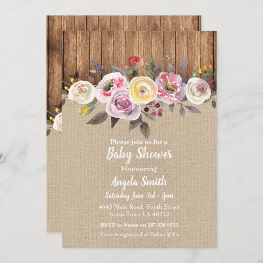 ベビーシャワー招待状バーラップウッドフローラ素朴パーティー 招待状 (正面/裏面)
