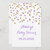 ベビーシャワー招待状パープル金ゴールド紙吹雪 招待状 (正面/裏面)