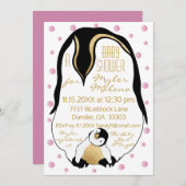 ベビーシャワー招待状ピンクベビー&モミーペンギン 招待状 (正面/裏面)