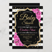 ベビーシャワー招待状ピンク白黒ストライプズ 招待状 (正面/裏面)
