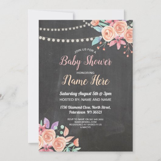 ベビーシャワー招待状ピーチフラワーパーティー薄紫チョーク 招待状 (正面)