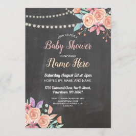 ベビーシャワー招待状ピーチフラワーパーティー薄紫チョーク 招待状