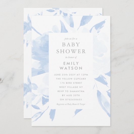 ベビーシャワー招待状ブルーフローラ水彩 招待状 (正面/裏面)