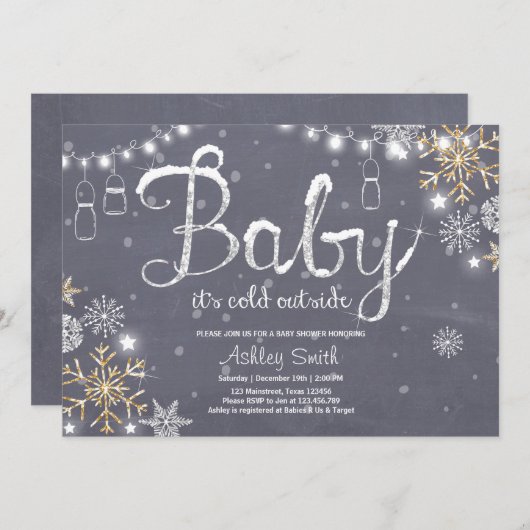 ベビーシャワー招待状ベビーシルバーの外は寒い 招待状 (正面/裏面)