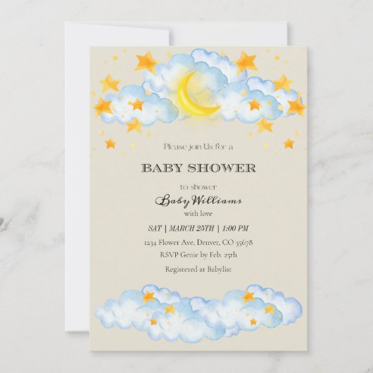 ベビーシャワー招待状ムーンアンドスターズテーマ 招待状 (正面)