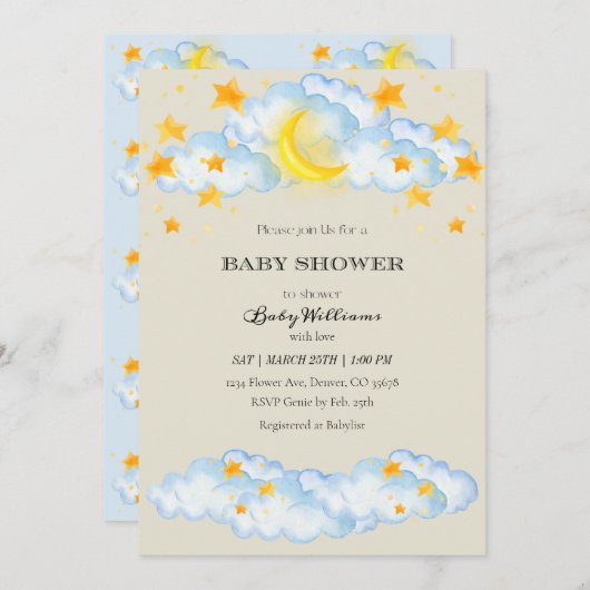 ベビーシャワー招待状ムーンアンドスターズテーマ 招待状 (正面/裏面)