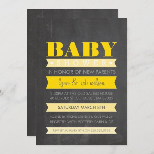 ベビーシャワー招待状モダン黒板イエローグレー 招待状 (正面/裏面)