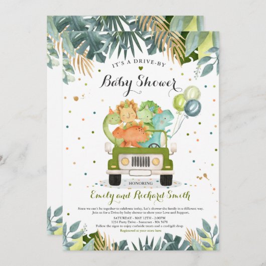 ベビーシャワー招待状恐竜シャワーで運転 招待状 (正面/裏面)