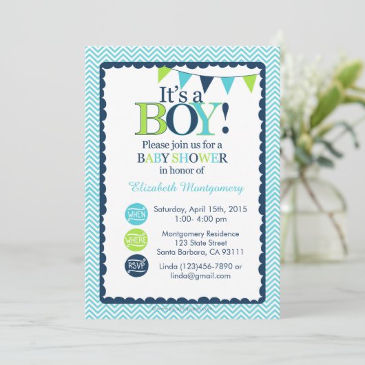 ベビーシャワー招待状男の子だ!アクア、グリーン、および 招待状 (スタンド正面)