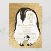 ベビーシャワー招待状金ゴールドベビー&モンミーペンギン 招待状 (正面/裏面)