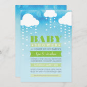 ベビーシャワー招待状雨ハート水彩グリーン 招待状 (正面/裏面)