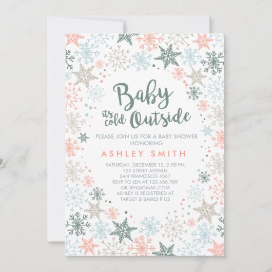 ベビーシャワー招待状雪片の外は寒い 招待状 (正面)
