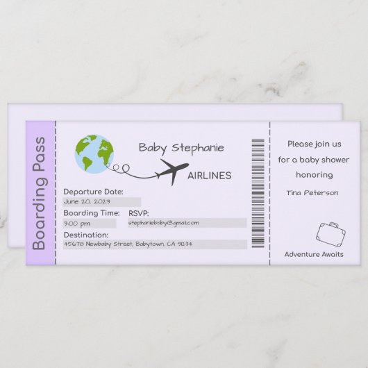 ベビーシャワー招待状、アドベンチャー待ち、旅行 招待状 (正面/裏面)