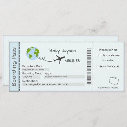 ベビーシャワー招待状、アドベンチャー待ち、旅行 招待状 (正面/裏面)