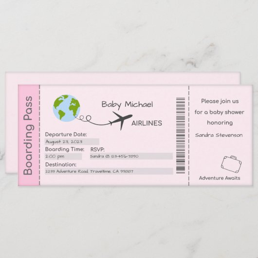 ベビーシャワー招待状、アドベンチャー待ち、旅行 招待状 (正面/裏面)