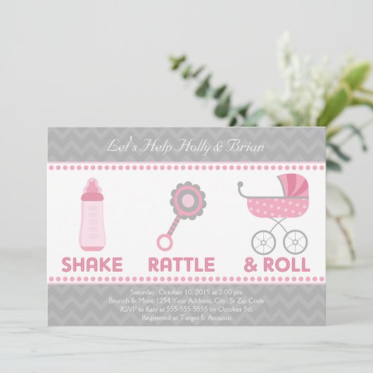 ベビーシャワー招待状-シェイク、ラトル、およ転がび 招待状 (スタンド正面)