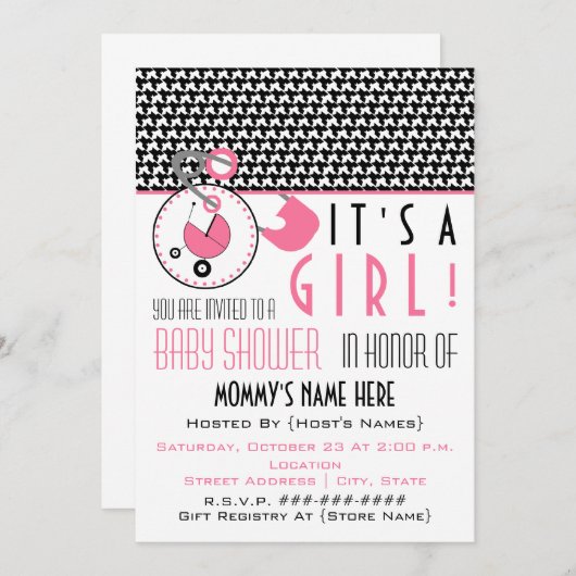 ベビーシャワー招待状-ピンクおむつピン千鳥格子の& 招待状 (正面/裏面)