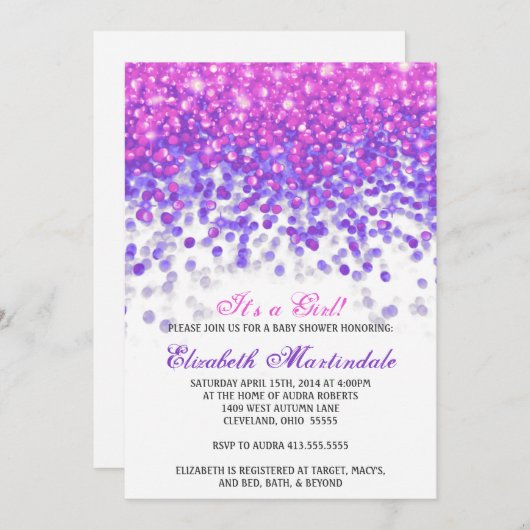 ベビーシャワー招待状 | ピンクと紫のグリッター 招待状 (正面/裏面)