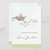 ベビーシャワー招待状 - ピンクの卵が入った巣 招待状 (正面/裏面)