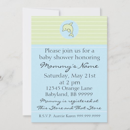 ベビーシャワー招待状。ブルードルフィン。12.7 x 17.78cm 招待状 (正面)
