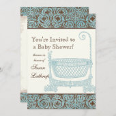 ベビーシャワー招待状 – ブルーブラウンダマスククレードル 招待状 (正面/裏面)