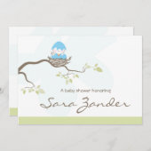 ベビーシャワー招待状 – ブルーベビーバード 招待状 (正面/裏面)